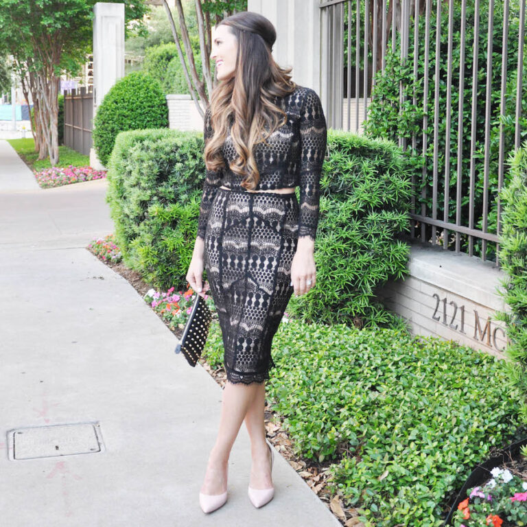 black lace crop top and skirt