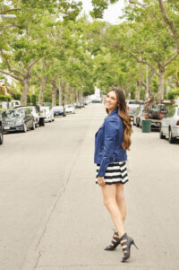blue leather striped skirt