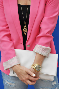 pink blazer distressed denim