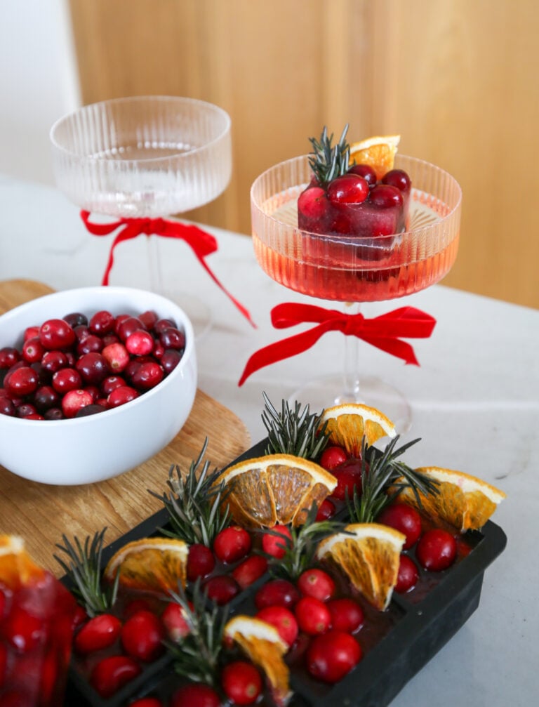 holiday mimosa with fancy ice cubes