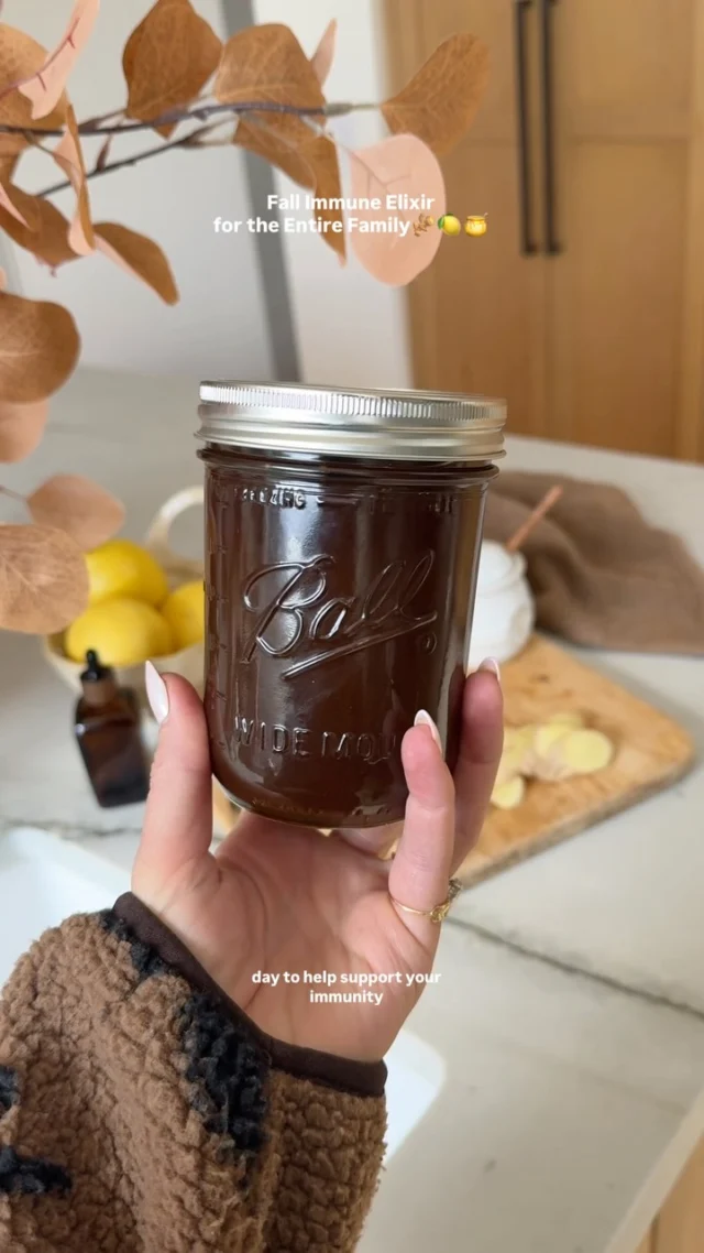 Comment RECIPE and I’ll send you the details👩🏻‍🍳 Fall Immune Elixir for the entire family🫚🍋🍯 — the cozy daily sip that tastes like a warm kitchen, not a medicine cabinet! One cup elderberry syrup as the base, a two-inch piece of fresh ginger, a teaspoon of turmeric, the juice of one lemon, a quarter cup of raw honey, and a cup of water to simmer it all in. About a tablespoon a day, keeps two to three weeks in the fridge.

Here’s why each one earns its spot👇🏻

💜Elderberry syrup — the star. Rich in antioxidants and anthocyanins that may shorten colds and support immune response.

🫚Fresh ginger — anti-inflammatory and antimicrobial, helps clear congestion and soothes a scratchy throat.

🧡Turmeric — curcumin is a strong anti-inflammatory; it pairs with the ginger to calm the immune system instead of overstimulating it.

🍋Lemon juice — vitamin C plus a bright, antimicrobial kick that keeps the flavors fresh.

🍯Raw honey — natural antimicrobial, coats the throat, and preserves the batch. Skip it for babies under one.

💦Water — the simmering base that draws the ginger and turmeric into a warm, homey infusion.

Not a miracle potion — just a simple daily habit. Stir before you sip, since the turmeric settles👩🏻‍🍳

#ImmuneElixir #FallWellness  #HerbalRemedies